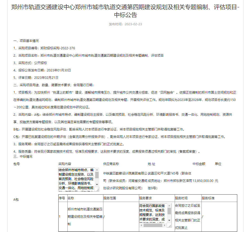 综合规划研究院顺利中标《郑州市城市轨道交通 第四期建设规划及相关专题编制》项目